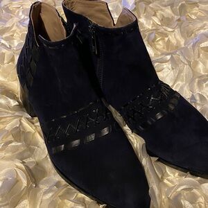 Navy Suede Ankle Boots with Woven Detail